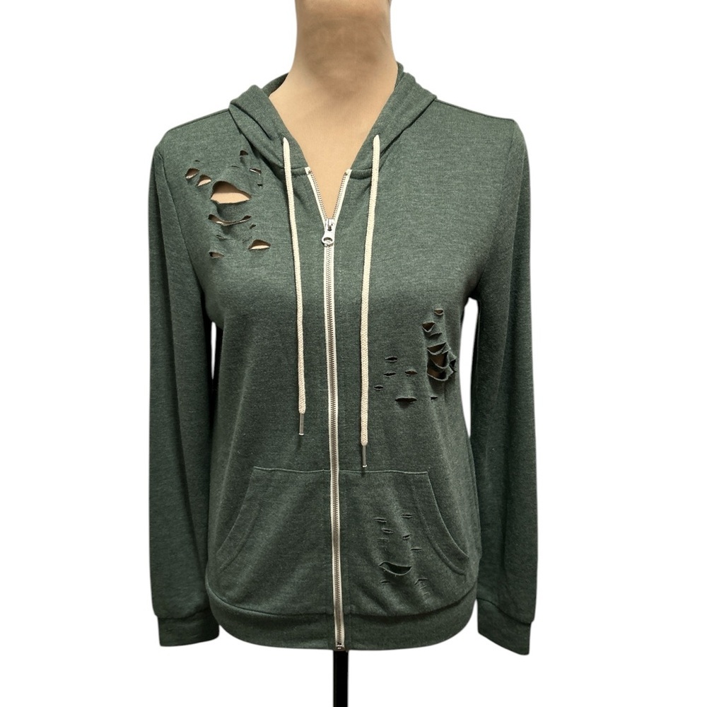 Love Tree Women’s Full Zip Distressed Hoodie Sweatshirt Green Size Medium NWOT